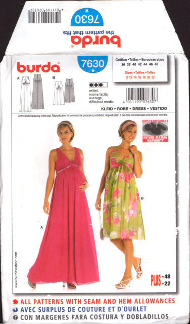 Burda 7630 Maternity Evening or Formal Sleeveless, Deep V-Neck Dresses –  Patterns Central