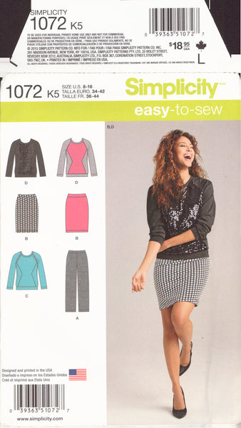 Simplicity 1072 Sewing Pattern, Pants, Skirt and Top, Size 8-16, Uncut, Factory Folded
