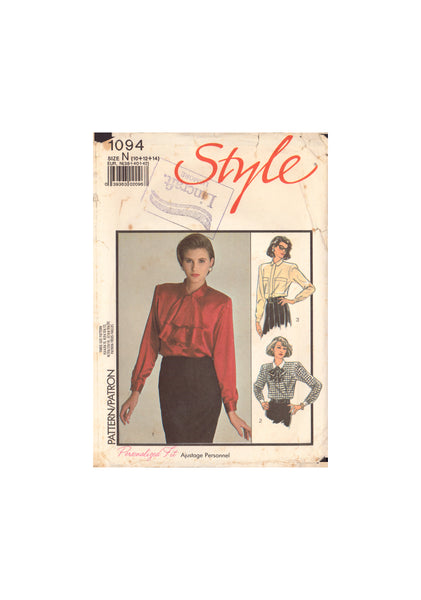 Style 1094 Sewing Pattern, Blouse with Detachable Jabot or Neck, Size 14, Neatly Cut, Complete