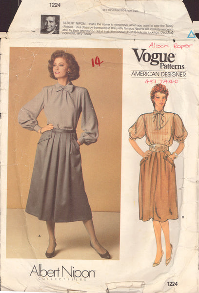 Vogue 1224 Sewing Pattern, Blouse, Skirt, Size 14, Cut, Incomplete