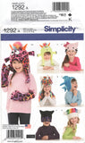 Simplicity 1292 Child's Novelty Animal Hats, Uncut, Factory Folded Sewing Pattern Size S-L