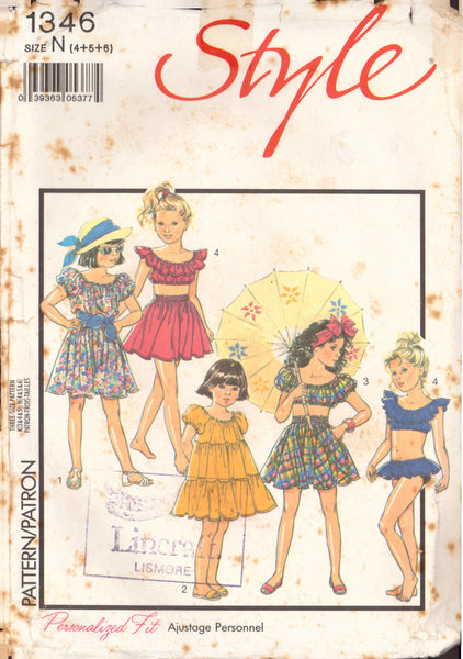 Style 1346 Sewing Pattern, Children's Dress Top Skirt Panties, Size 4-5-6, Cut, Complete