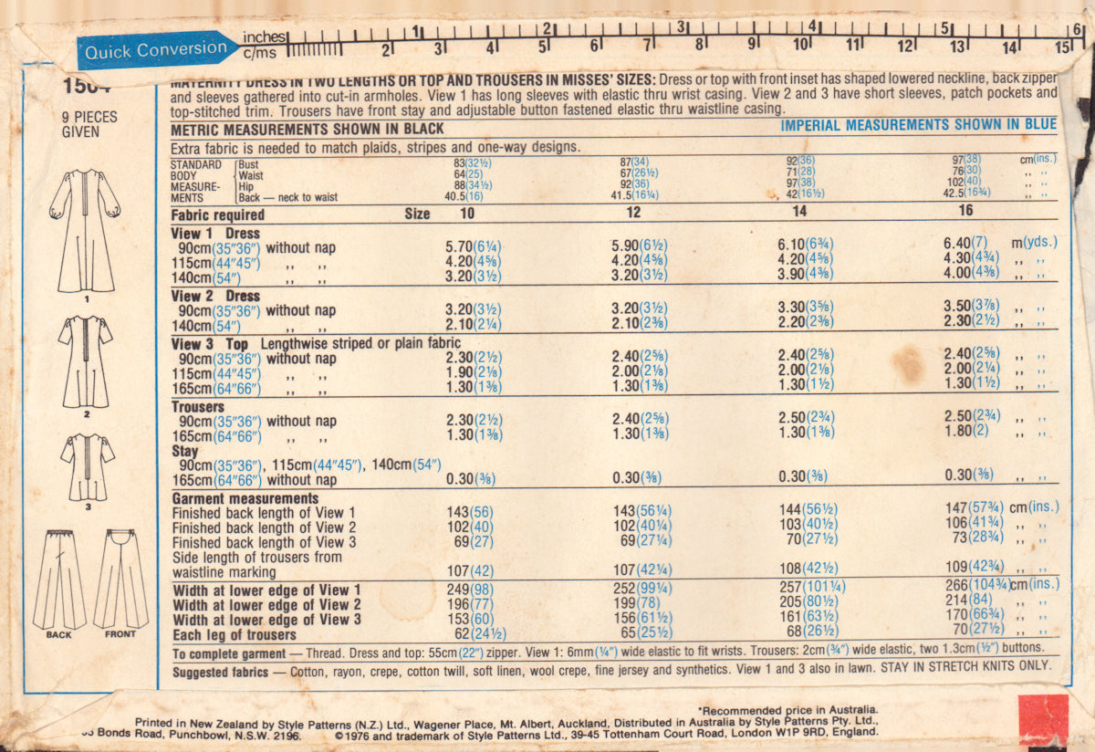 Style 1504 Sewing Pattern, Maternity Dress, Top and Trousers, Size 14 ...