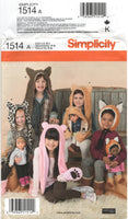 Simplicity 1514 Child's Animal Hats and Matching Doll Hats, Uncut, Factory Folded Sewing Pattern Size S-L