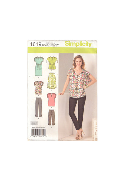 Simplicity 1619 Sewing Pattern, Dress or Top and Pants, Size 8-16, Uncut, Factory Folded