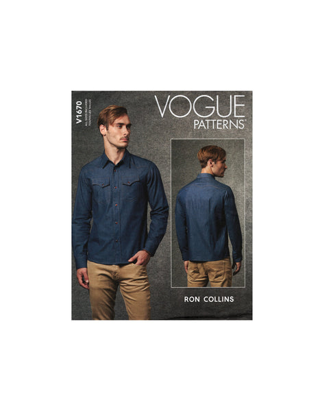 Vogue 1670 Rob Collins Men's Shirt with Topstich Detail, Uncut, F/Folded, Sewing Pattern Size 34-48