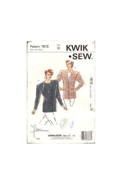 Kwik Sew 1815 Lined or Unlined Princess Line Single Breasted Jacket with V or Round Neck, U/C, F/Folded, Sewing Pattern Multi Size 14-20