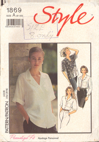 Style 1869 Sewing Pattern, Shirts, Size 8, Cut, Complete