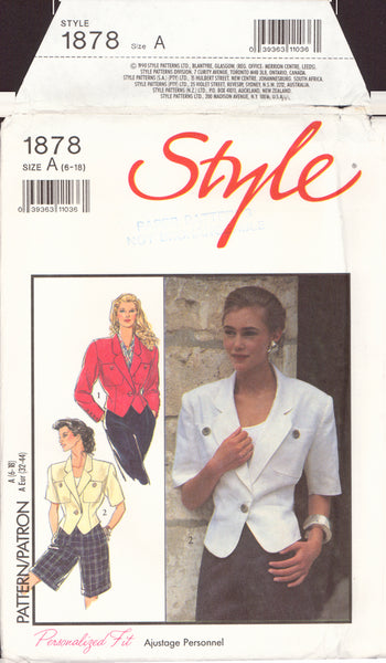 Style 1878 Sewing Pattern, Jacket, Size 6-12, Cut, Complete