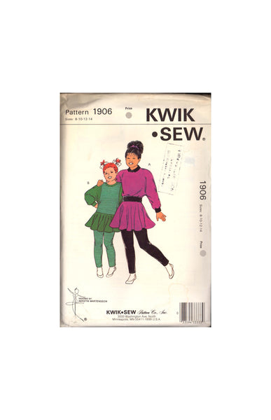 Kwik Sew 1906 Girls' Circular Skirt with Attached Tights and Dolman Sleeve Top, Uncut, Factory Folded Sewing Pattern Multi Size 8-14