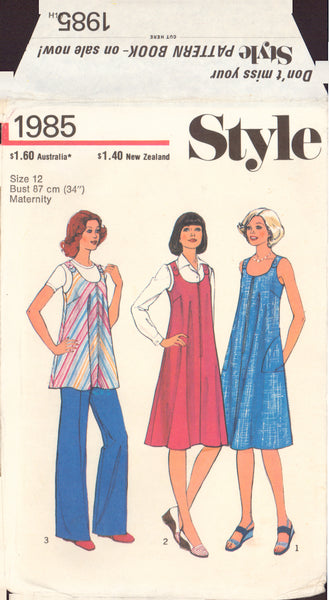 Style 1985 Sewing Pattern, Maternity Dress, Pinafore or Tunic, Size 12, Cut, Complete