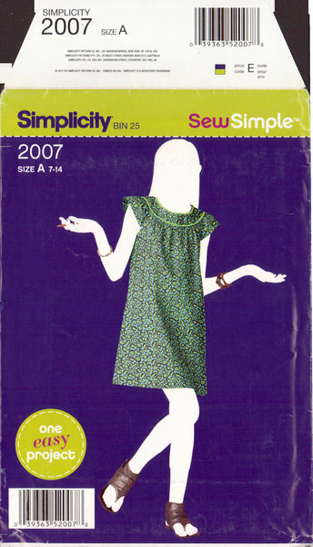 Simplicity 2007 Sewing Pattern, Girl's Dress, Size 7-14, Uncut, Factory Folded