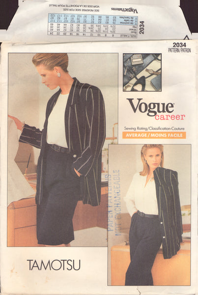 Vogue 2034 Sewing Pattern, Jacket, Skirt and Pants, Size 8-10-12, Partially Cut , Complete