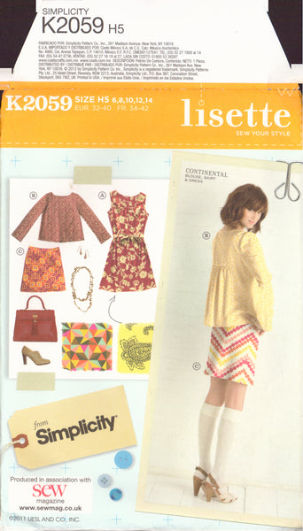 Simplicity 2059 Sewing Pattern, Dress, Blouse, Skirt, Size 6-14, Uncut, Factory Folded