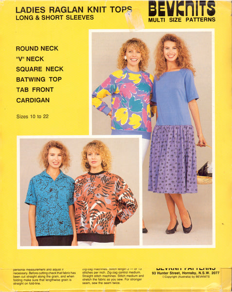 Bevknits 2200 Women's Raglan Knit Tops, Size 10-22, Uncut