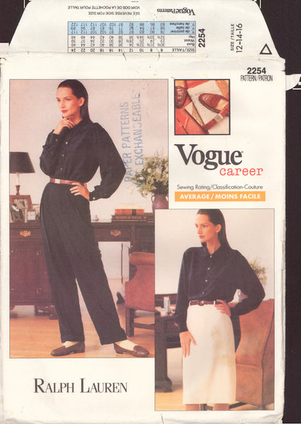 Vogue 2254 Sewing Pattern, Shirt, Pants, Skirt, Size 12, Cut, Complete