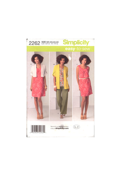 Simplicity 2262 Sewing Pattern Dress or Tunic Pants Cardigan Size XXS XS S M Factory Folded