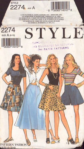 Style 2274 Sewing Pattern Women's Skirt and Shorts, Size 6-16, Uncut, Factory Folded