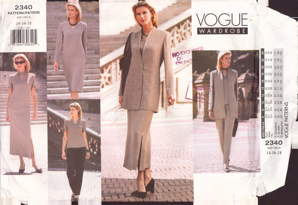 Vogue 2340 Sewing Pattern, Jacket, Dress, Top, Skirt and Pants, Size 14-16-18, Partially Cut Apart, Complete