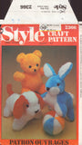 70s Stuffed Toys: Bear, Rabbit, Dog, One Size, Style 2366, Uncut, Factory Folded