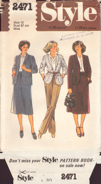 Style 2471 Sewing Pattern, Unlined Jacket, Skirt and Pants, Size 12, Cut, Complete