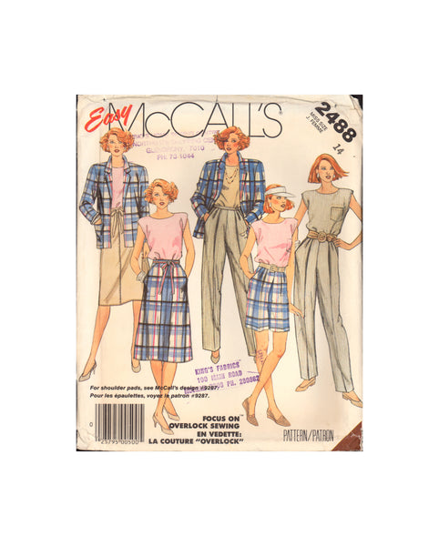McCall's 2488 Jacket with Notched Collar, Back Wrap Skirt, Pants and Cuffed Shorts, Uncut, Factory Folded, Sewing Pattern Size 14