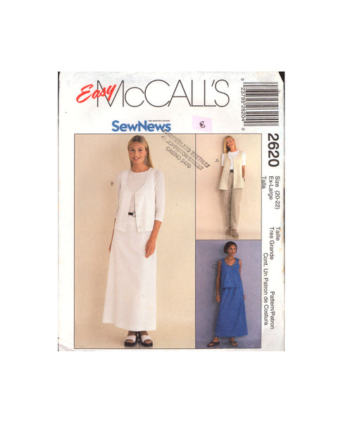 McCall's 2620 Unlined Vest, Pants, Skirt, Uncut, Factory Folded, Sewing Pattern Size 20-22