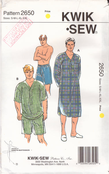 Kwik Sew 2650 Sewing Pattern, Men's Nightshirt, Pajamas and Shorts, Size S-M-L-XL-XXL, Partially Cut, Complete