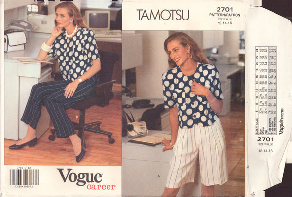 Vogue 2701 Sewing Pattern, Top, Shorts and Pants, Size 12, Partially Cut, Complete