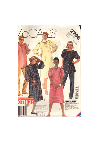 McCall's 2796 Maternity Dress or Tops with Long or Short Sleeves, Neckline Variations & Tapered Pants, U/C, FF, Sewing Pattern Size 6-10