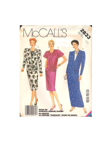McCall's 2833 Long or Short Sleeve, Pleated Front Drape Evening Dress in Two Lengths, Sewing Pattern Size 12.5