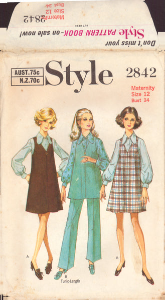 Style 2842 Sewing Pattern, Maternity Pinafore Dress or Tunic, Blouse & Pants, Size 12, Uncut, Factory Folded