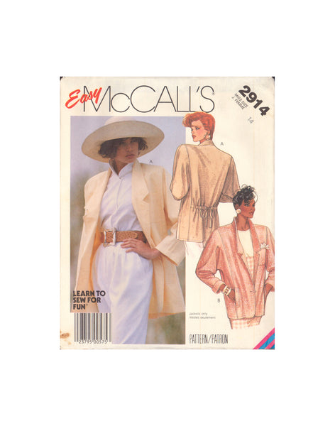 McCall's 2914 Sewing Patterns, Unlined Jacket. Size 14, Cut, Complete