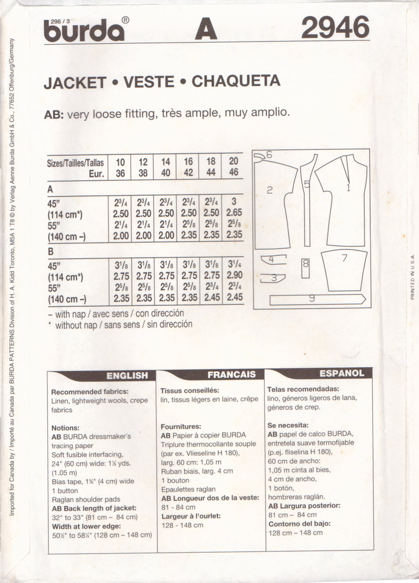 Burda 2946 Sewing Pattern, Jacket, Size 10-20, Uncut, Factory Folded ...