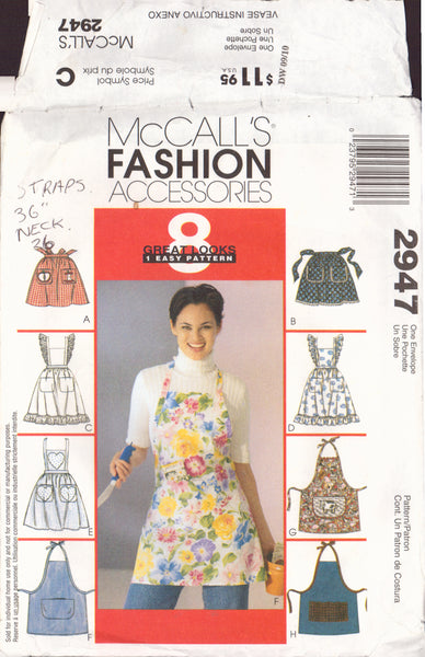 McCall's 2947 Sewing Pattern, Misses' Aprons, One Size, Cut, Incomplete