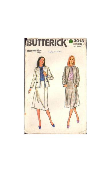 Butterick 3013 Sewing Pattern, Jacket and Skirt, Size 8 or Size 12 or Size 16, Uncut, Factory Folded