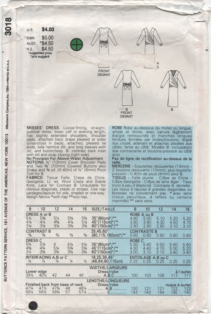 Butterick 3018 Low Back Evening Dress in Two Lengths, Uncut, Factory F ...