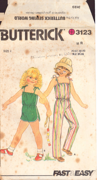 Butterick 3123 Sewing Pattern, Children's Jumpsuit, Size 4, Cut, Complete