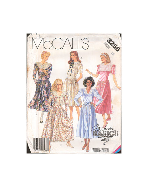 McCall's 3256 Dress with Collar Variations, Shaped Waistline and Full Gathered Skirt, Sewing Pattern Size 12