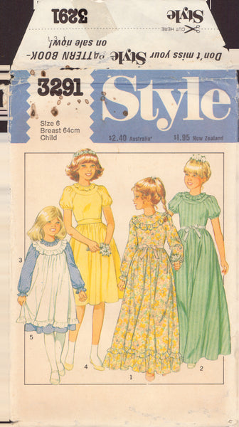Style 3291 Sewing Pattern, Girls' Bridesmaid or Party Dress, Size 6, Cut, Complete