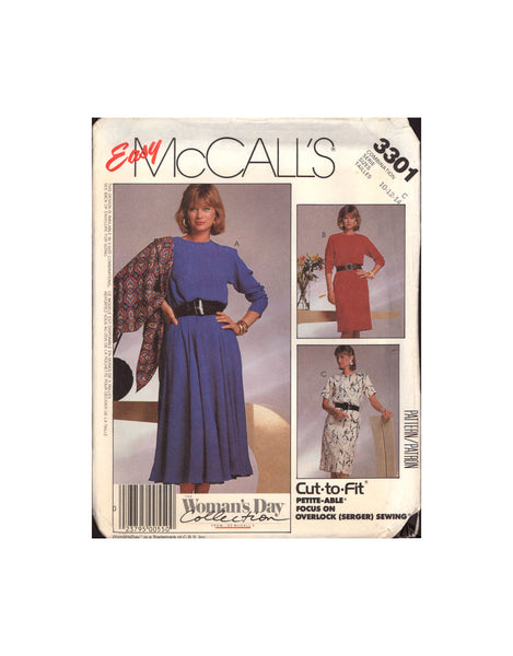 McCall's 3301 Jewel Neckline Dress with Circular or Straight Skirt, Long or Short Sleeves and Shawl, Sewing Pattern Size 10-14