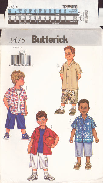 Butterick 3475 Sewing Pattern, Boys' Shirt and Shorts, Size 6-7-8, Uncut, Factory Folded