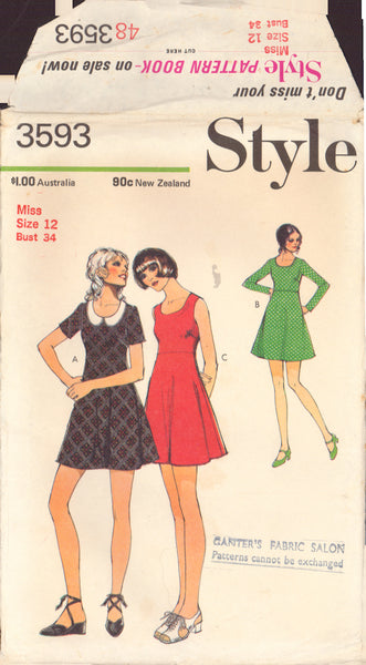 Style 3593 Sewing Pattern, Junior Petites' and Misses' Dress and Detachable Collar, Size 12, Cut, Incomplete
