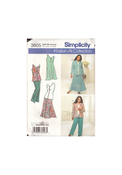 Simplicity 3805 Sewing Pattern, Skirt, Pants, Top or Dress and Jacket, Size 20-28, Uncut, Factory Folded