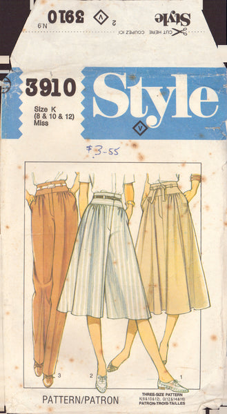 Style 3910 Sewing Pattern, Misses' Skirt, Culottes and Trousers, Size 8-10-12, Partially Neatly Cut, Complete