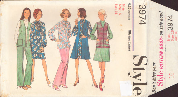 Style 3974 Sewing Pattern, Cardigan, Dress or Tunic, Pants, Size 16, Uncut, Factory Folded