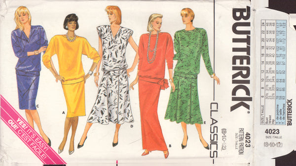 Butterick 4023 Sewing Pattern, Misses' Top & Skirt, Size 8-10-12, Uncut, Factory Folded