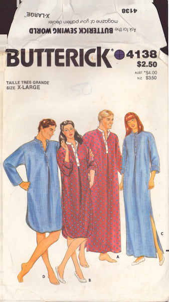 Butterick 4138 Sewing Pattern, Unisex Nightshirt, Size Extra Large, Cut, Incomplete