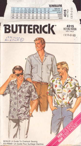 Butterick 4315 Sewing Pattern, Men's Shirt, Size XS-S-M, Neatly Cut, Complete