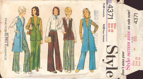 Style 4371 Sewing Pattern, Sleeveless Cardigan, Pants and Blouse, Size 18, Cut, Complete